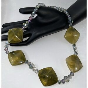 Chunky Statement Necklace Iridescent Faceted Glass Frosted Green Glam Magical